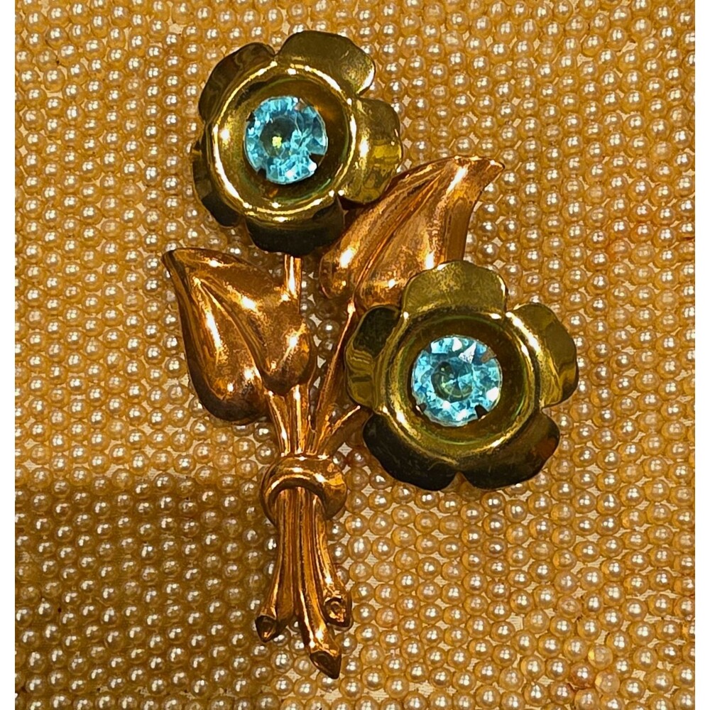 Gold Tone Flower Brooch Pin w/ 2 Blue Round Rhinestones Floral Metal 3.5" tall